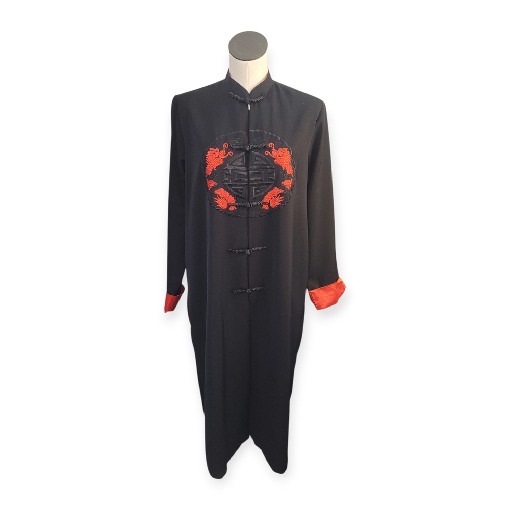 Black Long Mandrin Coat with Red Dragon Embroidery - Picture 2 of 6